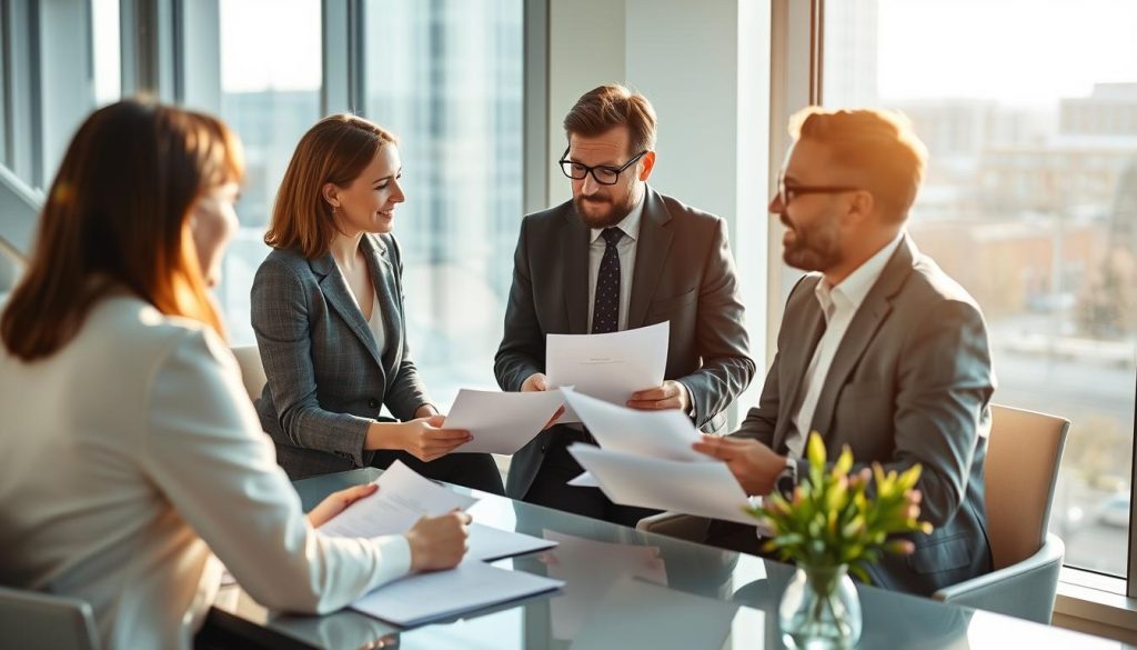 Business consultant meeting with German clients in an office setting, representing top small business ideas in Germany for foreigners Business consultant meeting with German clients in an office setting, representing top small business ideas in Germany for foreigners