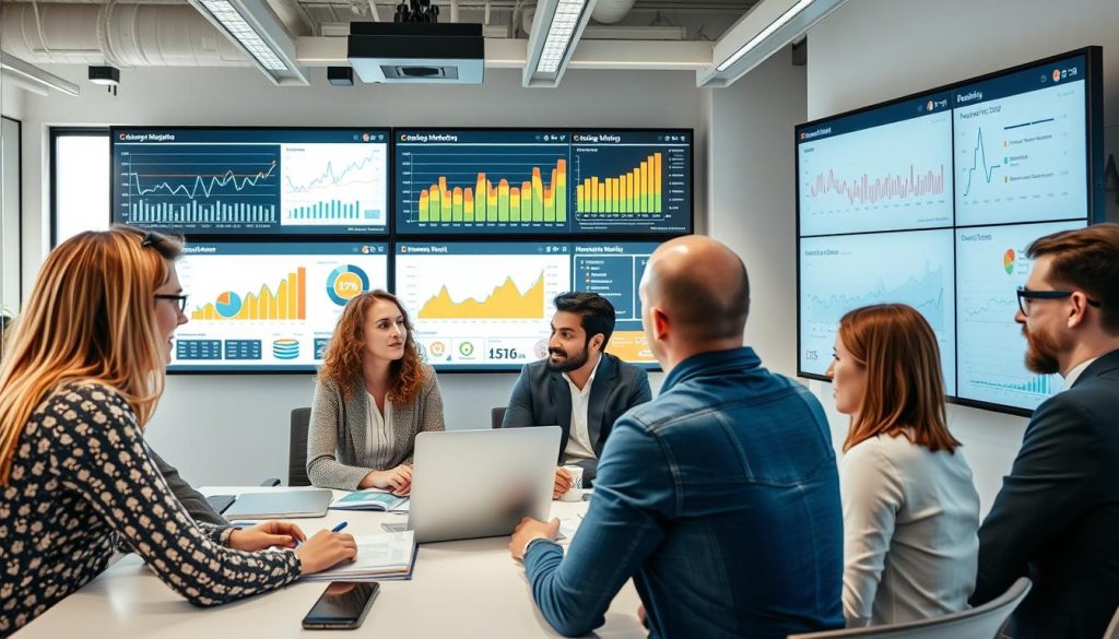 Digital marketing team analyzing campaign results for German market clients, representing top small business ideas in Germany for foreigners Digital marketing team analyzing campaign results for German market clients, representing top small business ideas in Germany for foreigners