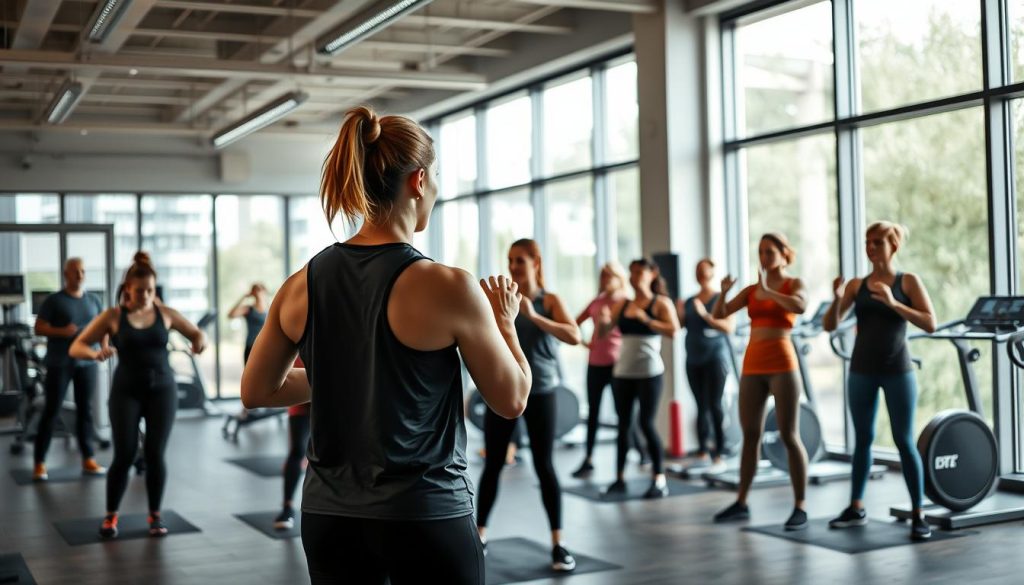 Fitness instructor leading a class in a German gym, representing top small business ideas in Germany for foreigners Fitness instructor leading a class in a German gym, representing top small business ideas in Germany for foreigners
