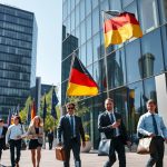 German business district with modern office buildings and entrepreneurs walking, representing top small business ideas in Germany for foreigners