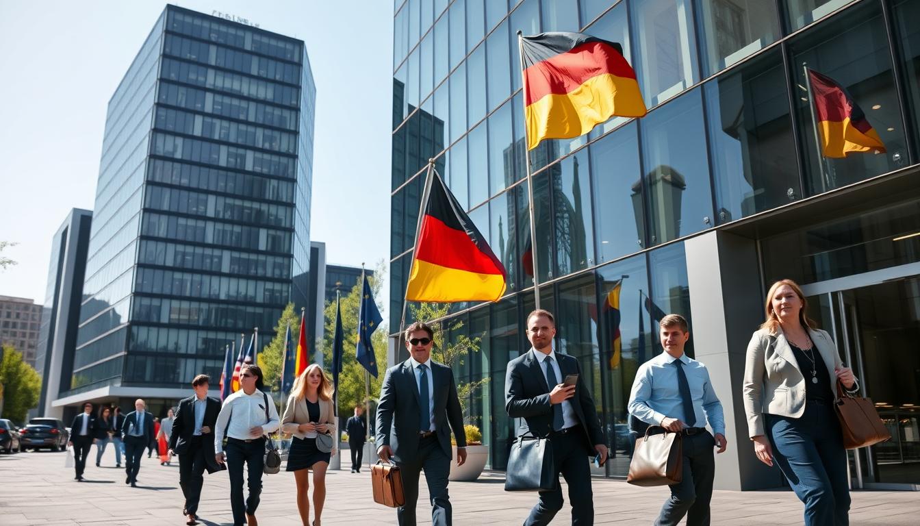 German business district with modern office buildings and entrepreneurs walking, representing top small business ideas in Germany for foreigners