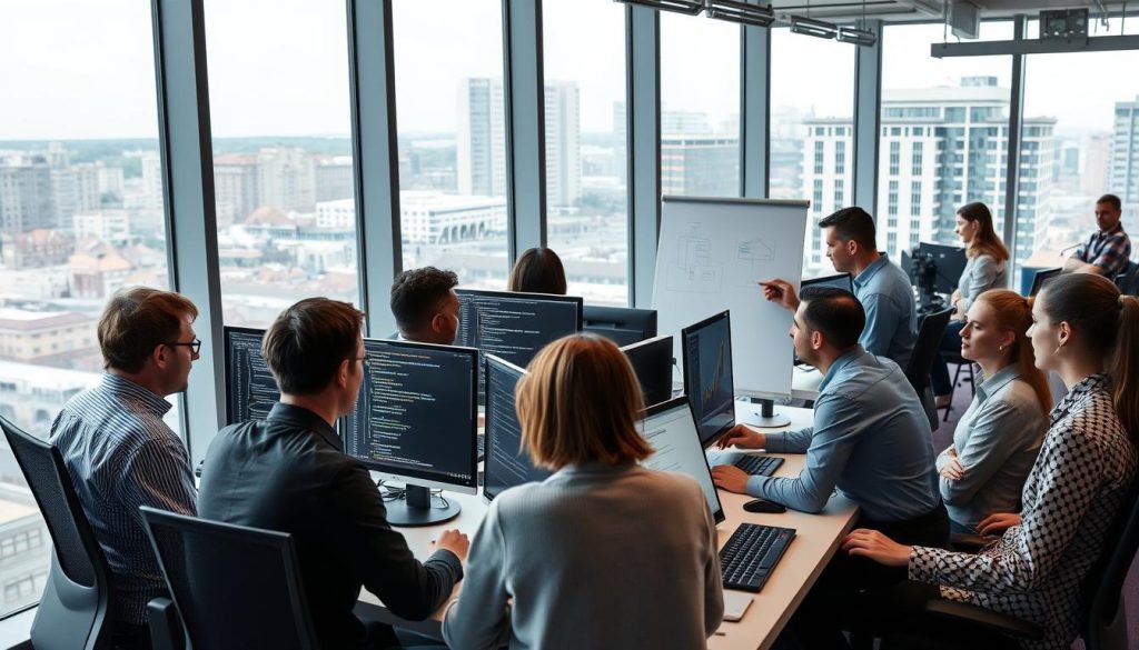 IT professionals in a German office environment working on software development, representing top small business ideas in Germany for foreigners IT professionals in a German office environment working on software development, representing top small business ideas in Germany for foreigners