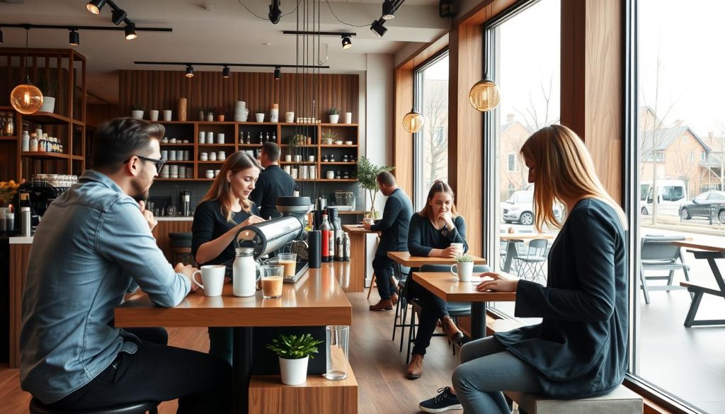 Modern coffee shop with customers in Germany, representing top small business ideas in Germany for foreigners Modern coffee shop with customers in Germany, representing top small business ideas in Germany for foreigners