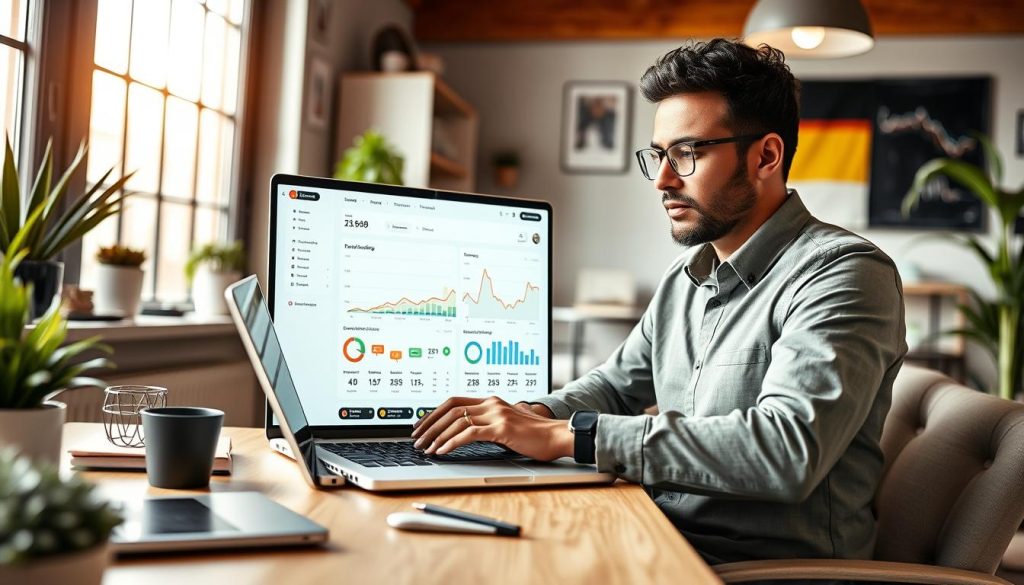 Person managing an e-commerce business from a laptop with German market analytics on screen, representing top small business ideas in Germany for foreigners Person managing an e-commerce business from a laptop with German market analytics on screen, representing top small business ideas in Germany for foreigners