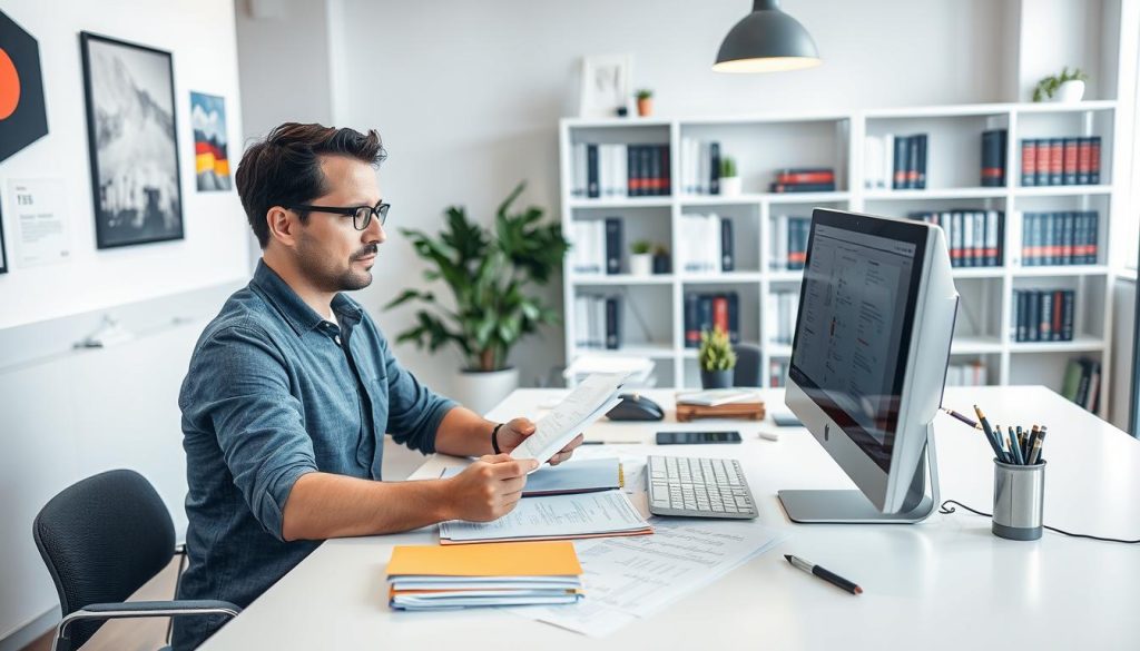 Professional translator working on documents in multiple languages in a German office, representing top small business ideas in Germany for foreigners Professional translator working on documents in multiple languages in a German office, representing top small business ideas in Germany for foreigners